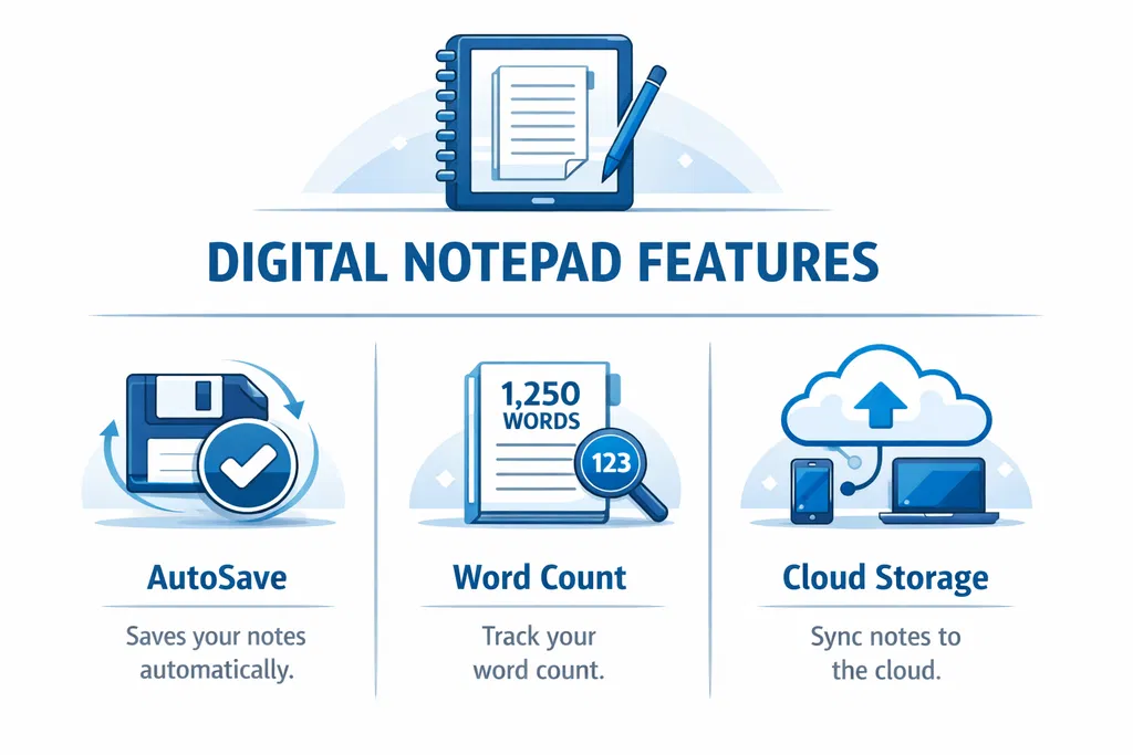 Illustration summarizing autosave, word count, and local backup concepts