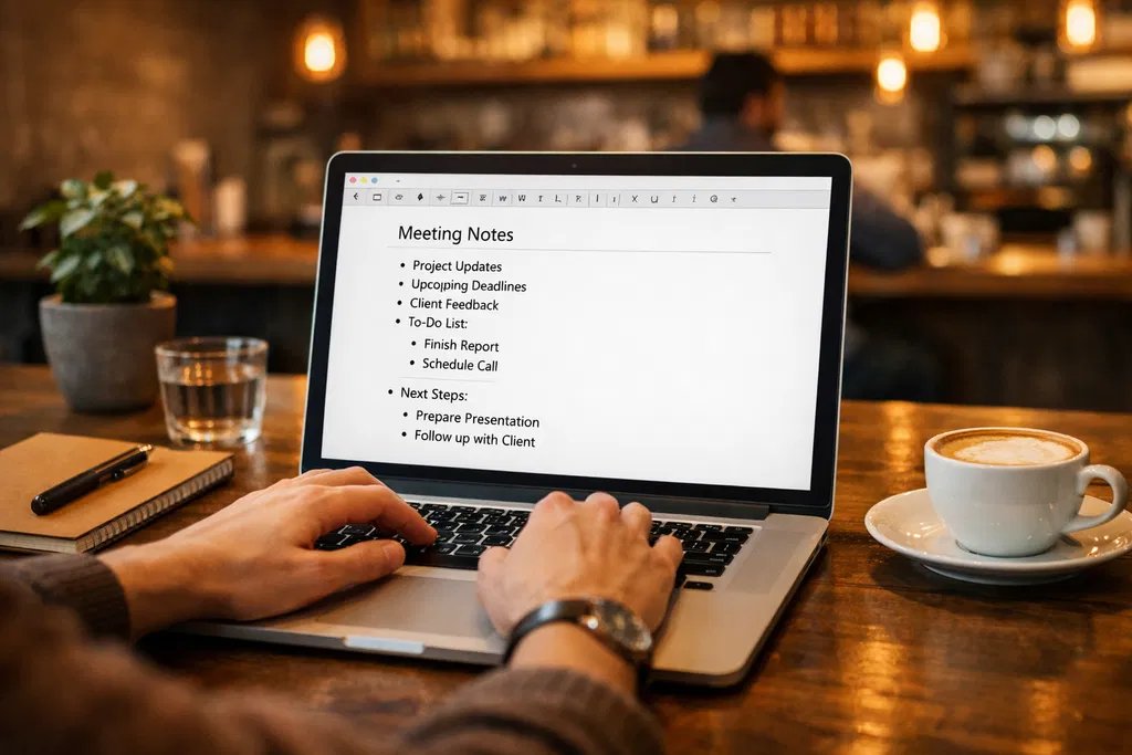 Professional typing notes on a laptop in a comfortable workspace